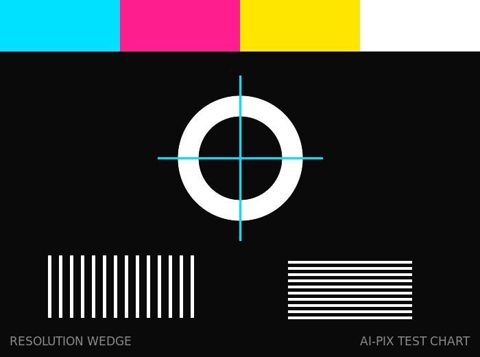 The same test chart at 700 by 520 pixels, with every line of both resolution wedges separated again.