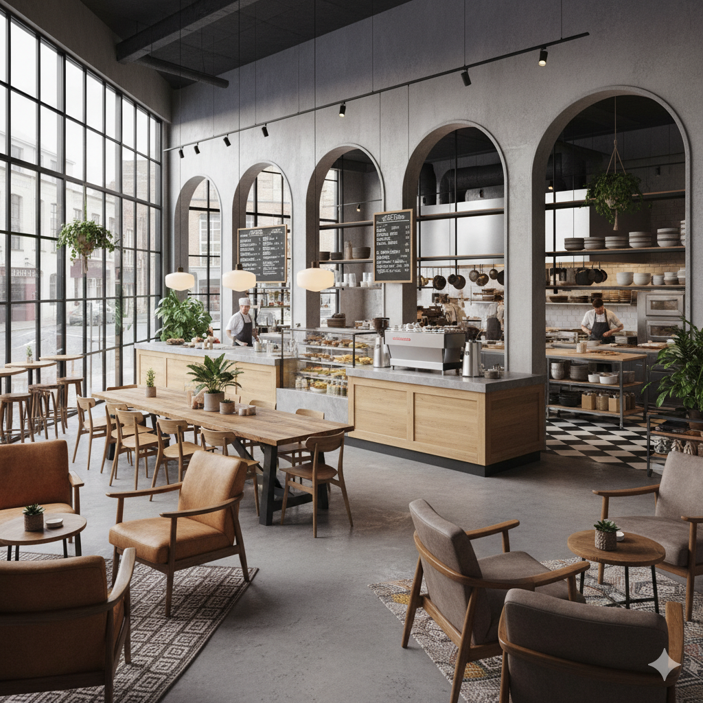 Chic Café Interior with Wooden Counter