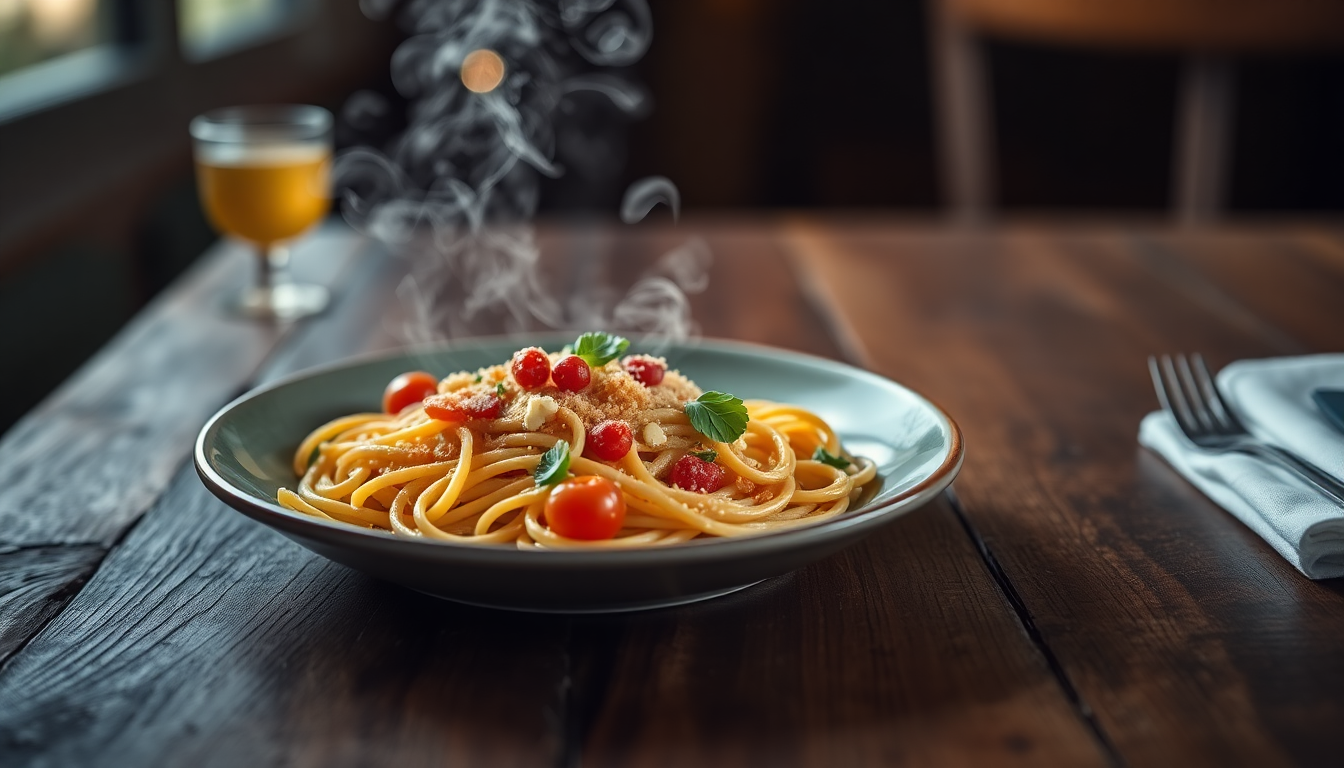 Rustic Wooden Table with Plated Gourmet Pasta